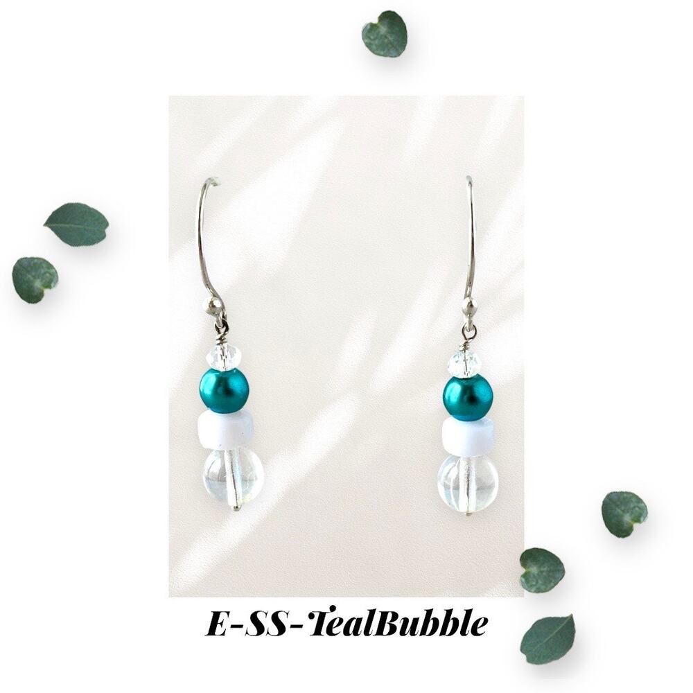 Teal Bubble Glass Pearl Dangle Earrings - Teal Glass Pearl - Sterling Silver